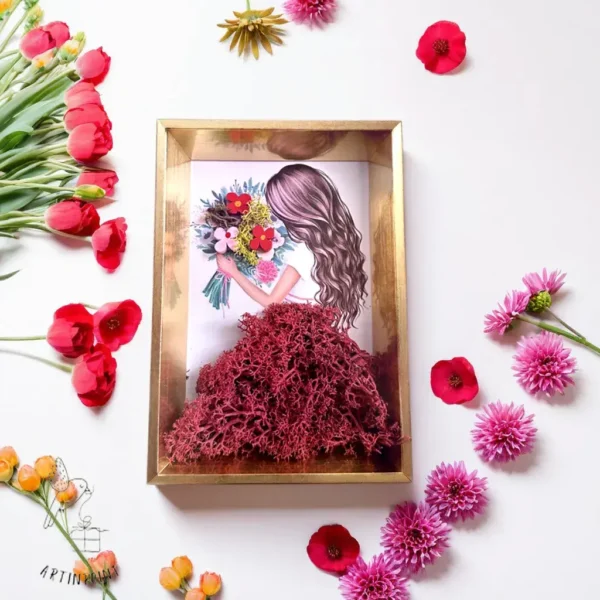 Frame arranged with red Scandinavian moss on it.